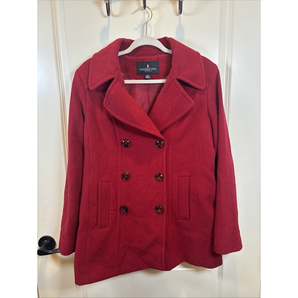 London Fog Red Wool Blend Double Breasted Pea Coat Women's Size Medium